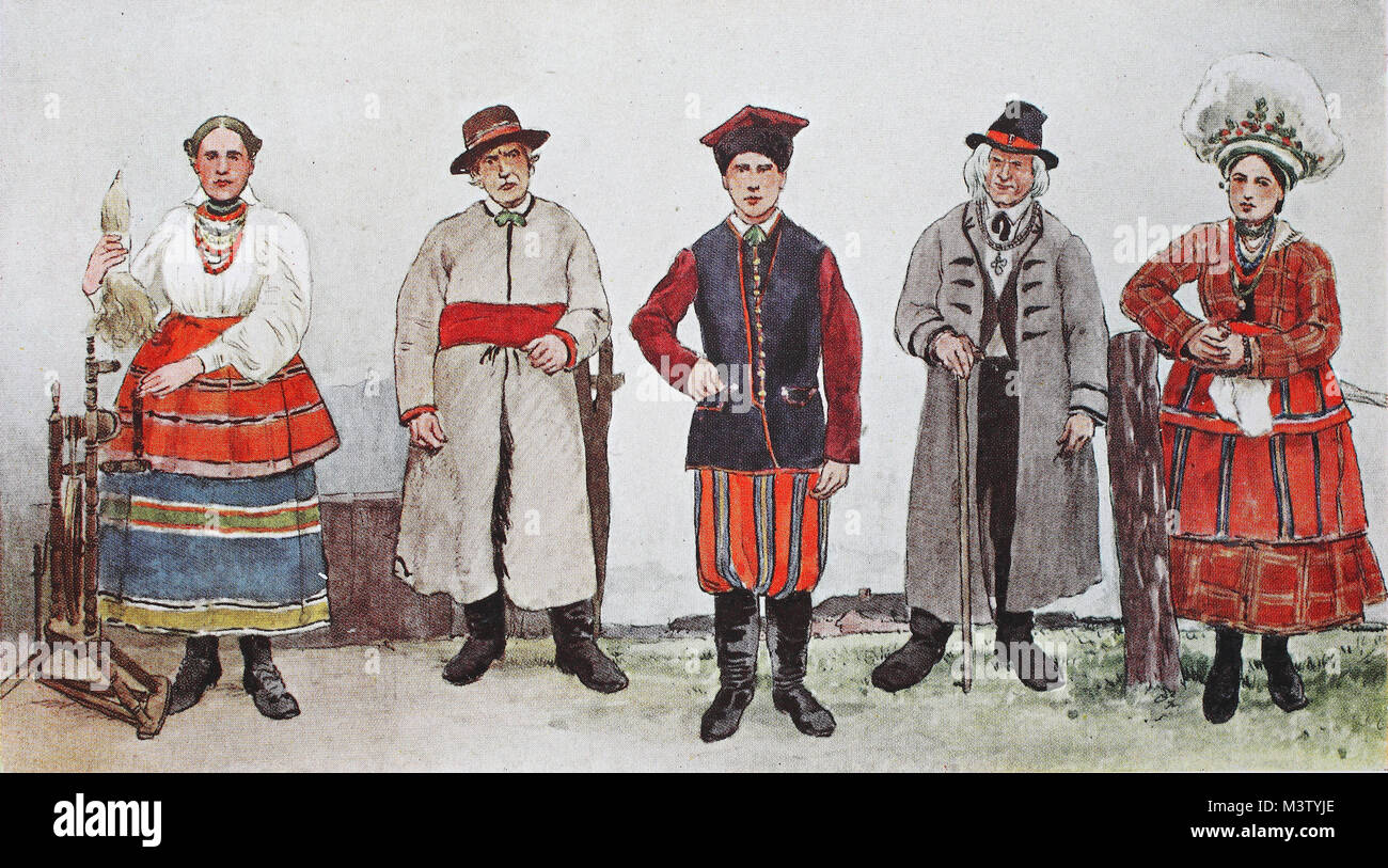 Fashion, clothes, folk costumes in Poland, around the 19th century, from  the left, a peasant woman from Lubelskj on a distaff, an elderly and a  young man from the governorate of Warsaw,