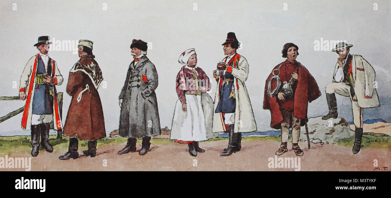 Fashion, clothes, folk costumes in Poland, around the 19th century, from  the left, three different types of farmers from the area of Krakow, a girl  from Lobzow, a farmer from the area