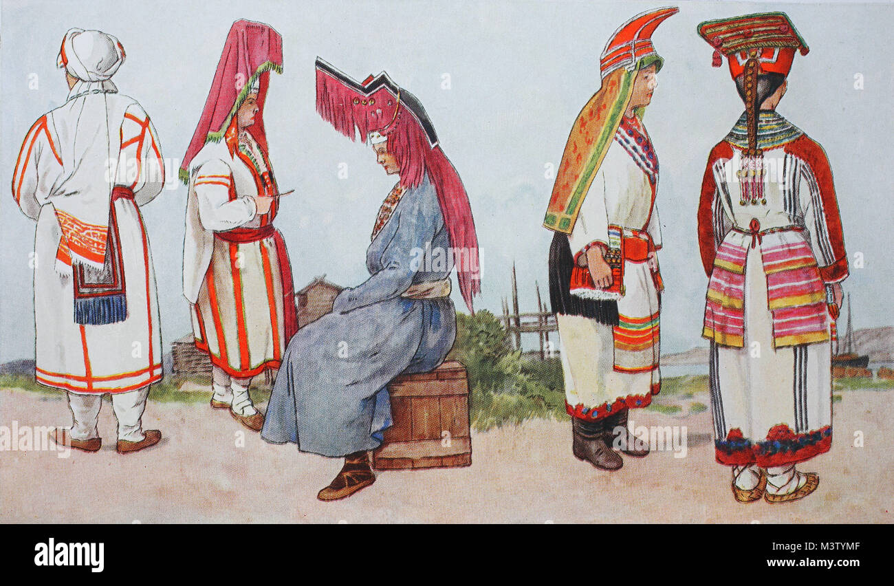 Fashion, clothes, folk costumes in Russia, 19th century, from the left, Volga Finns, a woman from the Chuvash Mountains, then two Vodjaek women from the Permian branch of the Finns, an Ersa Mordwin woman from Arstow and a Moksha Mordwin woman from the Penza province, digital improved reproduction from an original from the year 1900 Stock Photo