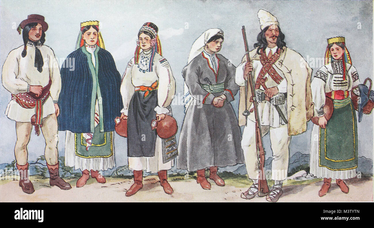Fashion, clothes, folk costumes in Romania, from the left, Romanian man from Transylvania, a Romanian girl from Transylvania in Sunday clothes, a Romanian girl from Transylvania, an armed Transylvanian Romanian and a Romanian girl from Transylvania, digital improved reproduction from an original from the year 1900 Stock Photo