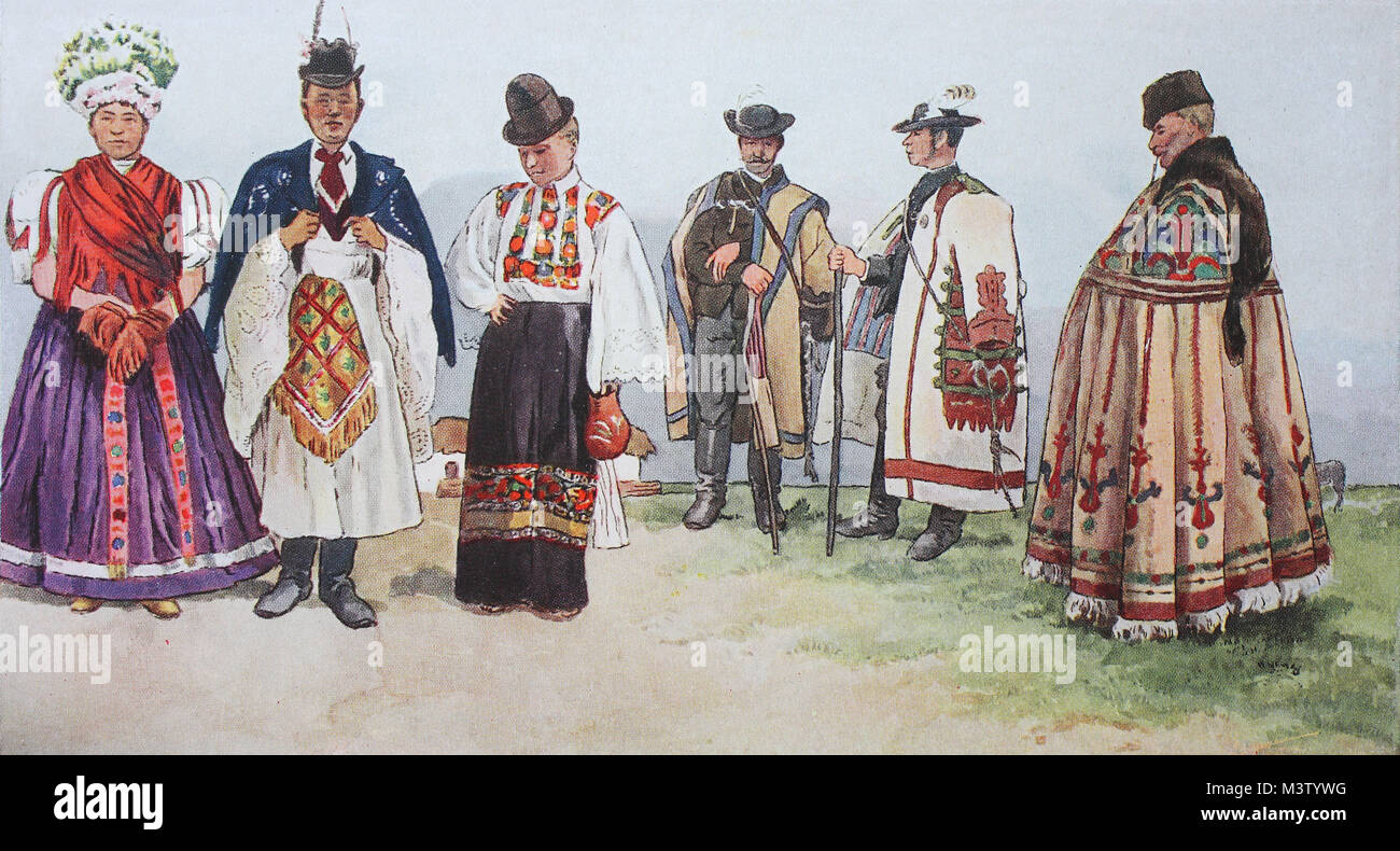 Fashion, clothes, folk costumes in Hungary, from the left, a couple from Mezzökewecz, then a woman from Mezzökewecz, then a Hungarian cowherd, a Hungarian horse-shirt and a Hungarian farmer in a leather fringed coat, Suwa, digital improved reproduction from an original from the year 1900 Stock Photo
