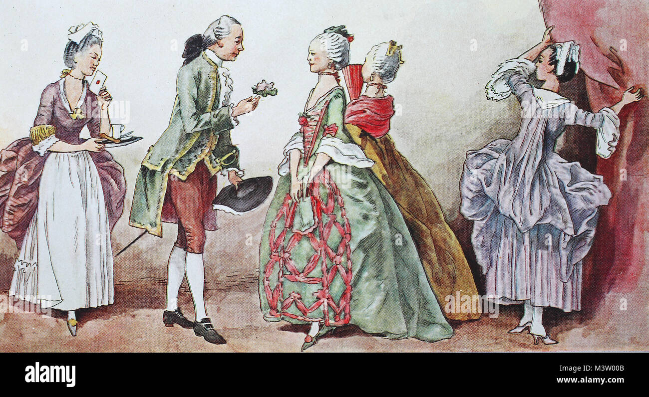 Fashion, clothes, folk costumes in France during the Rococo period around  1760 - 1770, from the left, a maid with chocolate tray, cavalier with sword  and tricorne and two ladies in hoop