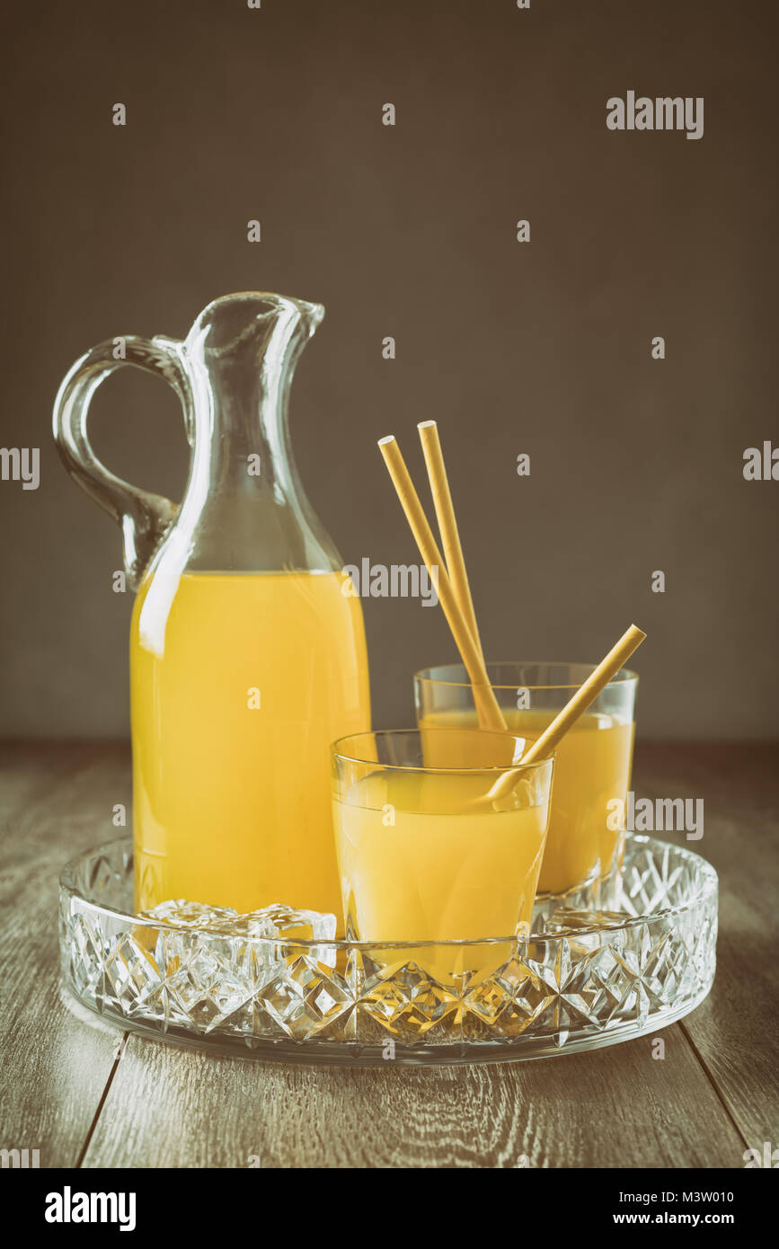 https://c8.alamy.com/comp/M3W010/jug-of-orange-drink-with-tumblers-and-straws-all-on-a-glass-tray-M3W010.jpg
