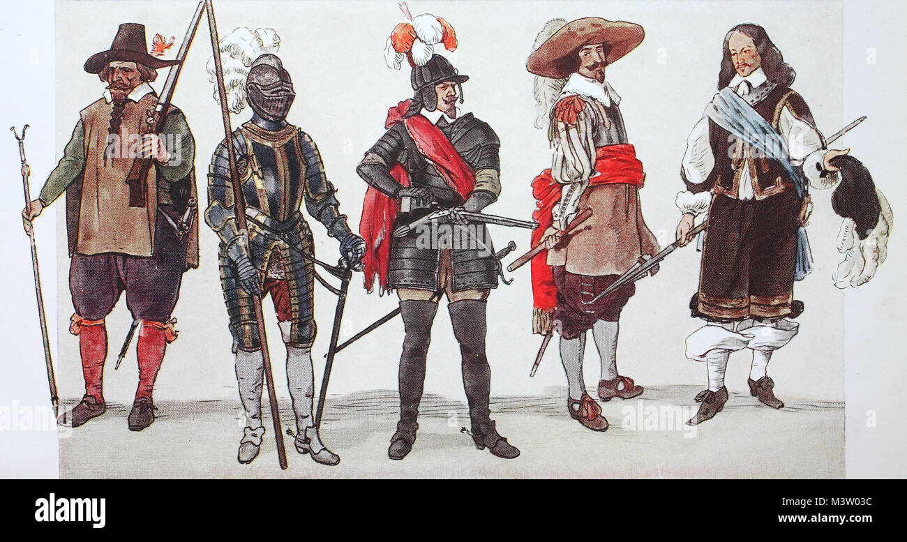 Fashion, clothing in Europe, war costumes of the Thirty Years' War from 1635-1650, from left, a musketeer with fork or hook, a lancer with the old visor helmet in 1635, a cuirassier in 1640, a captain in 1640, a Dutch rifleman with Sash and Pike around 1648, digital improved reproduction from an original from the year 1900 Stock Photo