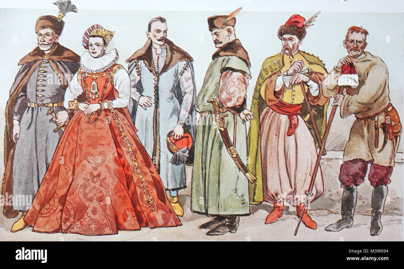 Fashion, clothing in Poland, Hungary and Ukraine in the 16th - 17th centuries, from the left, a Commander in Chief of the Polish Army, a Polish noblewoman with a national beret, a Marshal of Lithuania, then a Polish nobleman and a Hajduk, an ancient warrior, digital improved reproduction from an original from the year 1900 Stock Photo