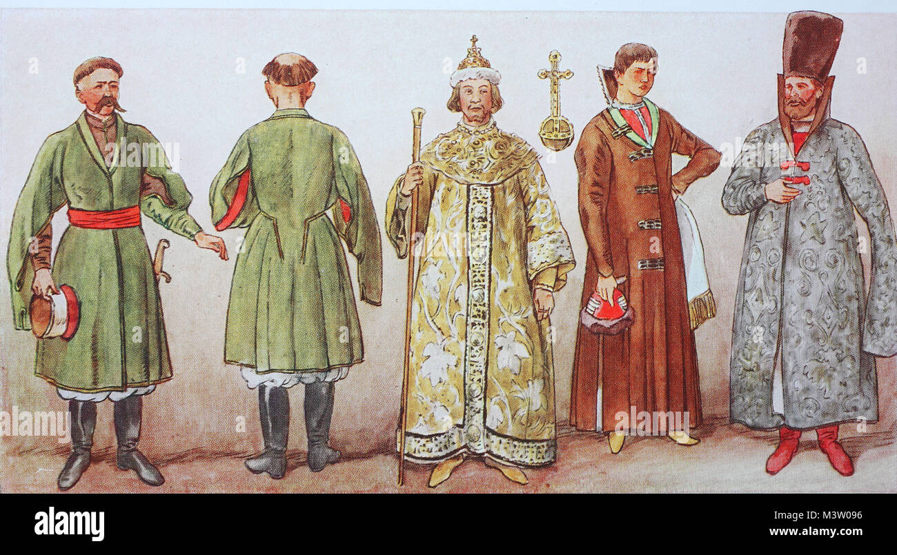Fashion, clothes in Russia in the 16th - 17th century, from the left, twice a fine Cossack in the honorary skirt, then a Tsar in the coronation robe, then two boyars, digital improved reproduction from an original from the year 1900 Stock Photo