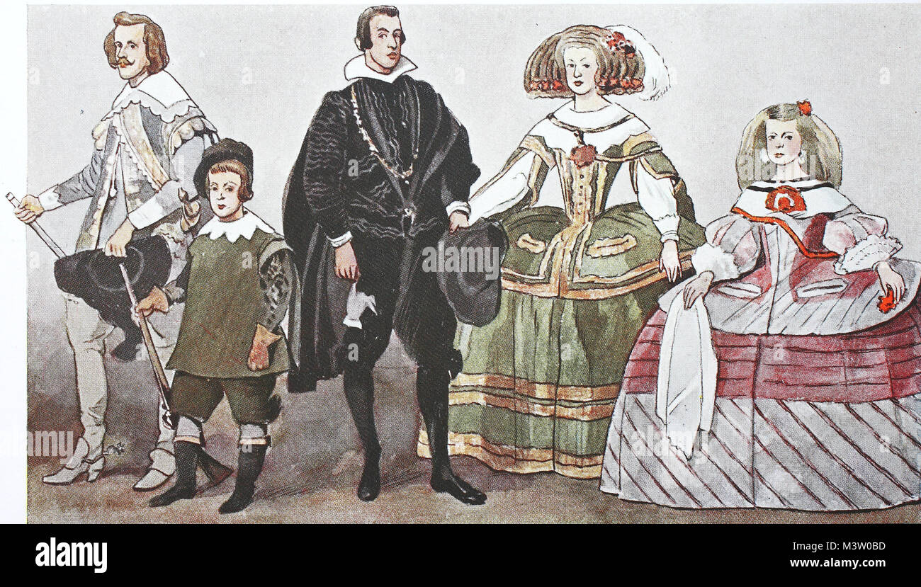 Fashion, clothing in Spain in the 16th - 17th centuries, from the left, King Philip IV of Spain, 1621-1665, then Infant Balthasar Carlos in hunting suit, then Infant Don Carlos, then Queen Maria Anna of Austria and Infanta Margareta, all after the paintings of Diego Velasquez from 1599-1660, digital improved reproduction from an original from the year 1900 Stock Photo