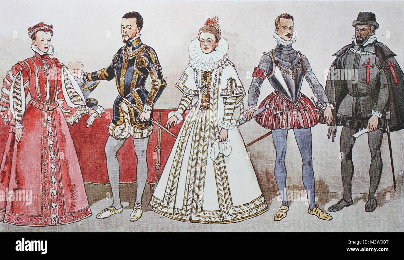Fashion, clothing in Spain in the 16th - 17th centuries, from the left, Spanish Queen Isabella of Valois, then the future King Philip II of Spain, then the noble lady Infanta Isabella Clara Eugenia, then Don Juan d Austria and a Spanish nobleman and Knights of the Order of San Jago with the sword, digital improved reproduction from an original from the year 1900 Stock Photo