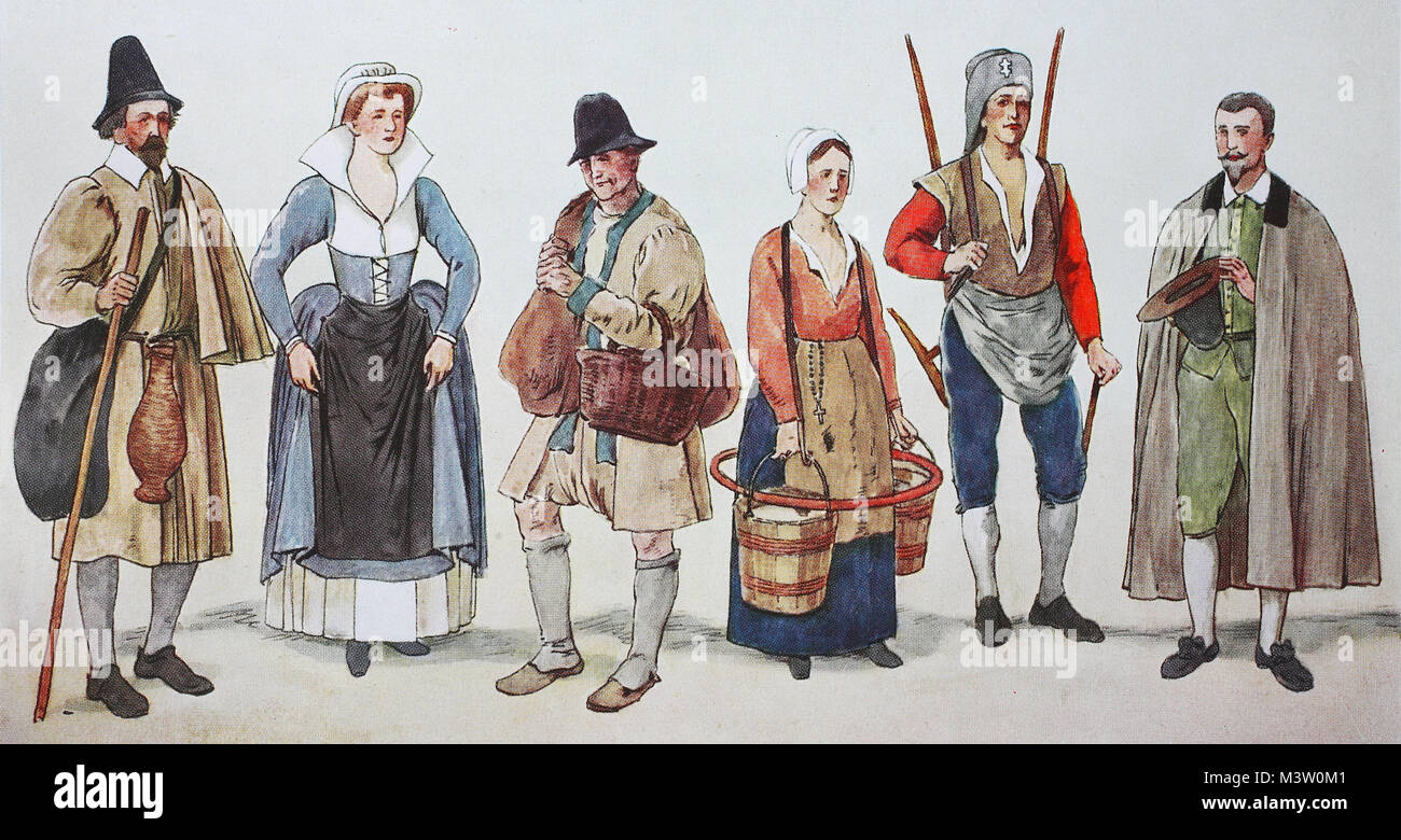 Fashion, costumes, clothing of the citizens and peasants in France at the  time of the Spanish fashion around 1560-1590, from left, street vendors of  Schuhfett in Paris around 1586, a farmer from
