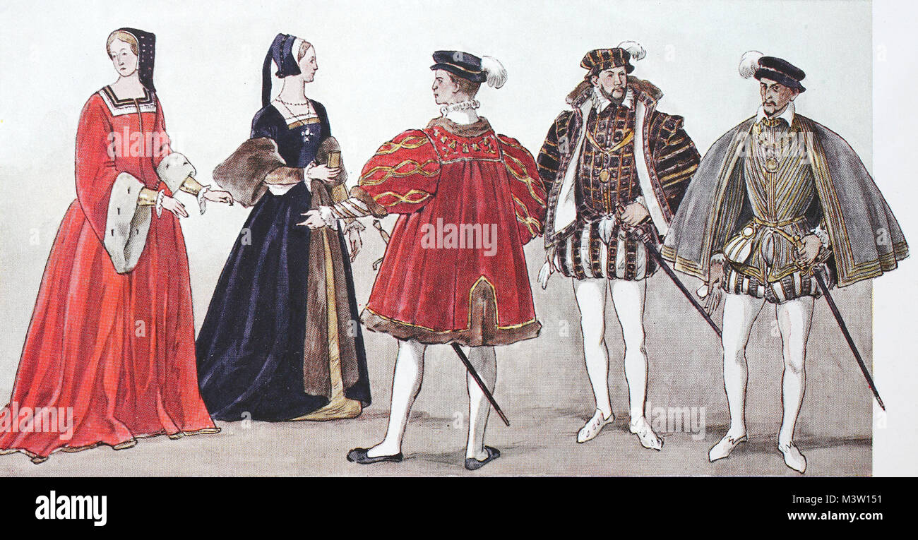 Clothing, fashion in France at the time of the Renaissance around 1500-1575, fashion of the French, distinguished society, from left, two ladies at the court of King Francis I, a French nobleman, then King Anton of Navarre in Spanish costume around 1560, and king Henry II of France in Spanish costume, digital improved reproduction from an original from the year 1900 Stock Photo