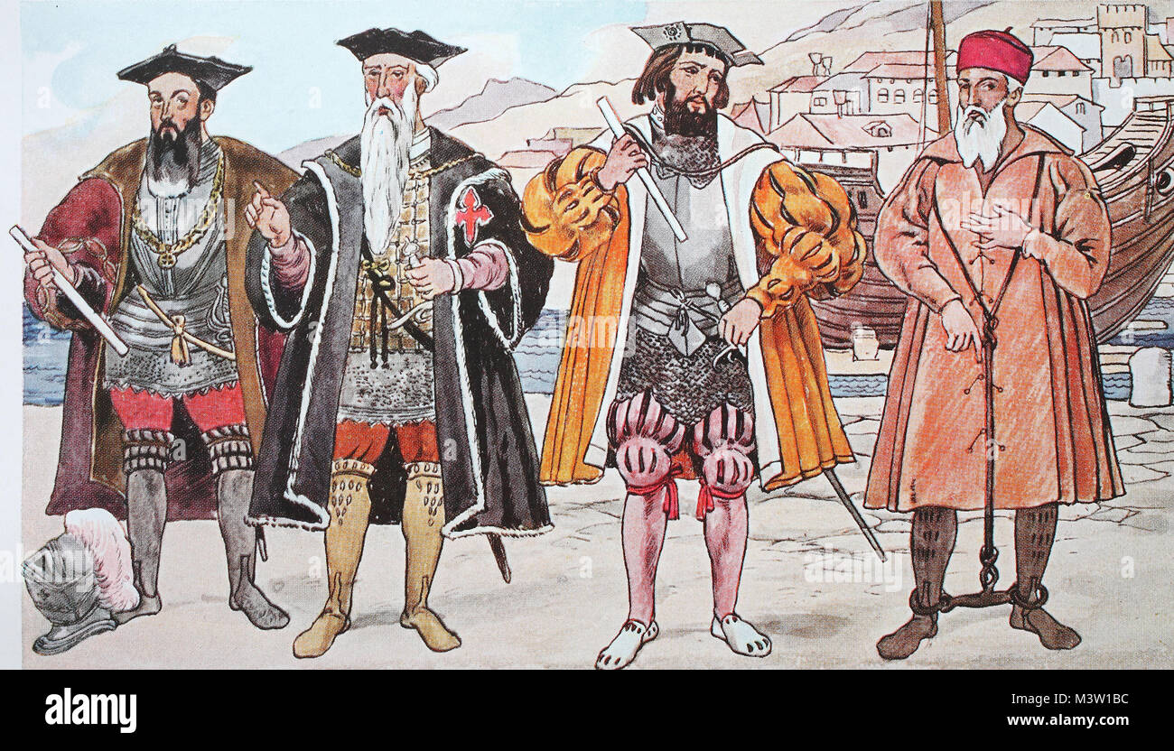 Clothing, fashion in Spain and Portugal around 1500-1540, Portuguese explorers, from left, Vasco de Gama, then Alfonso d Albuquerque, then Nono da Cunha and Pedro de Mascarenhas, discoverer of the Mascarene Islands, as prisoners in chains, digital improved reproduction from an original from the year 1900 Stock Photo
