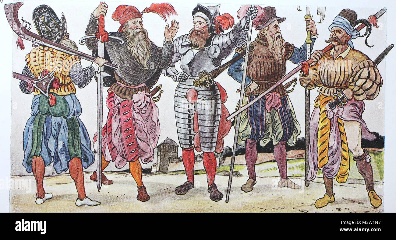 Clothing, fashion of the Landsknechts in Germany around 1520-1560, the harem pants, from the left, a double mercenary with a hooked rifle, a executioner, ...
