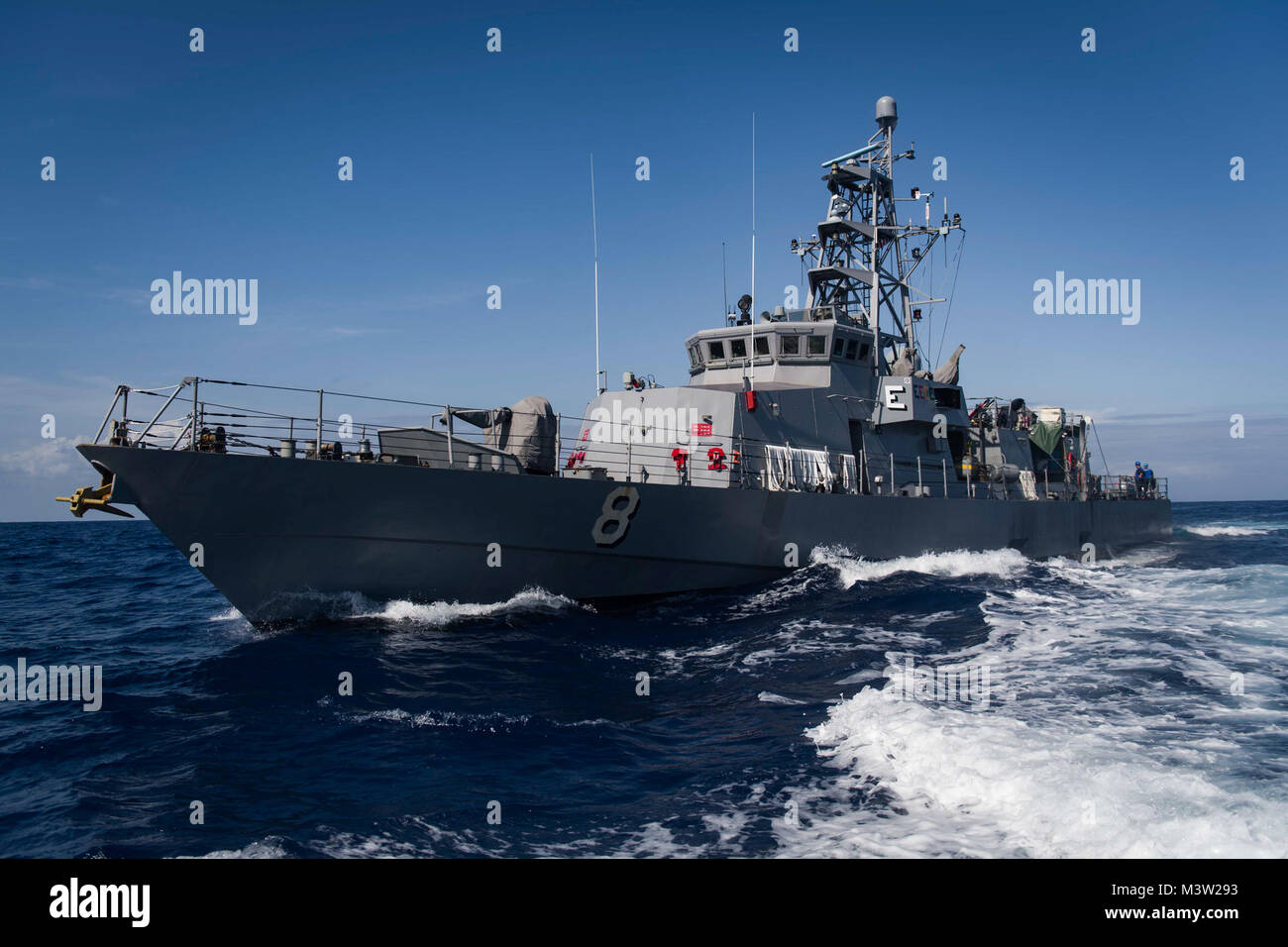 170421-N-EO381-174 CARIBBEAN SEA (April 21, 2017) - The Cyclone-class patrol coastal ship USS Zephyr (PC 8) transits the Caribbean Sea. Zephyr is currently underway in support of Operation Martillo, a joint operation with the U.S. Coast Guard and partner nations, within the U.S. 4th Fleet area of operations. (U.S. Navy photo by Mass Communication Specialist 3rd Class Casey J. Hopkins/Released) 170421-N-EO381-174 by U.S. Naval Forces Southern Command  U.S. 4th Fleet Stock Photo