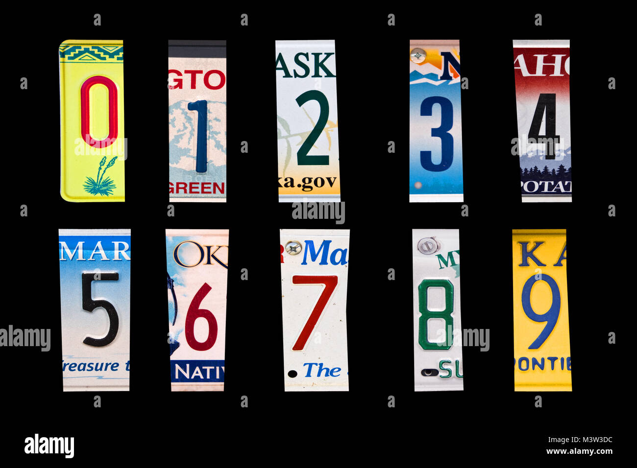 Numbers set created with broken pieces of vintage car license plates Stock Photo