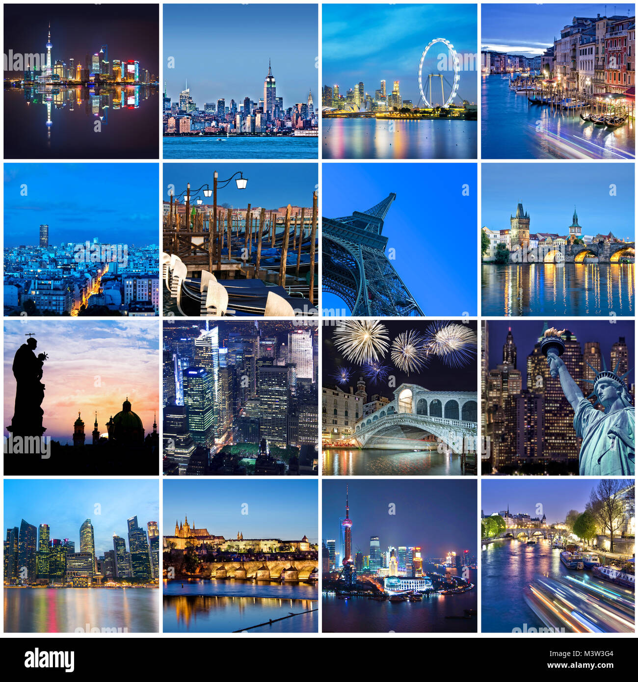 Cities of the word at night, square collage Stock Photo