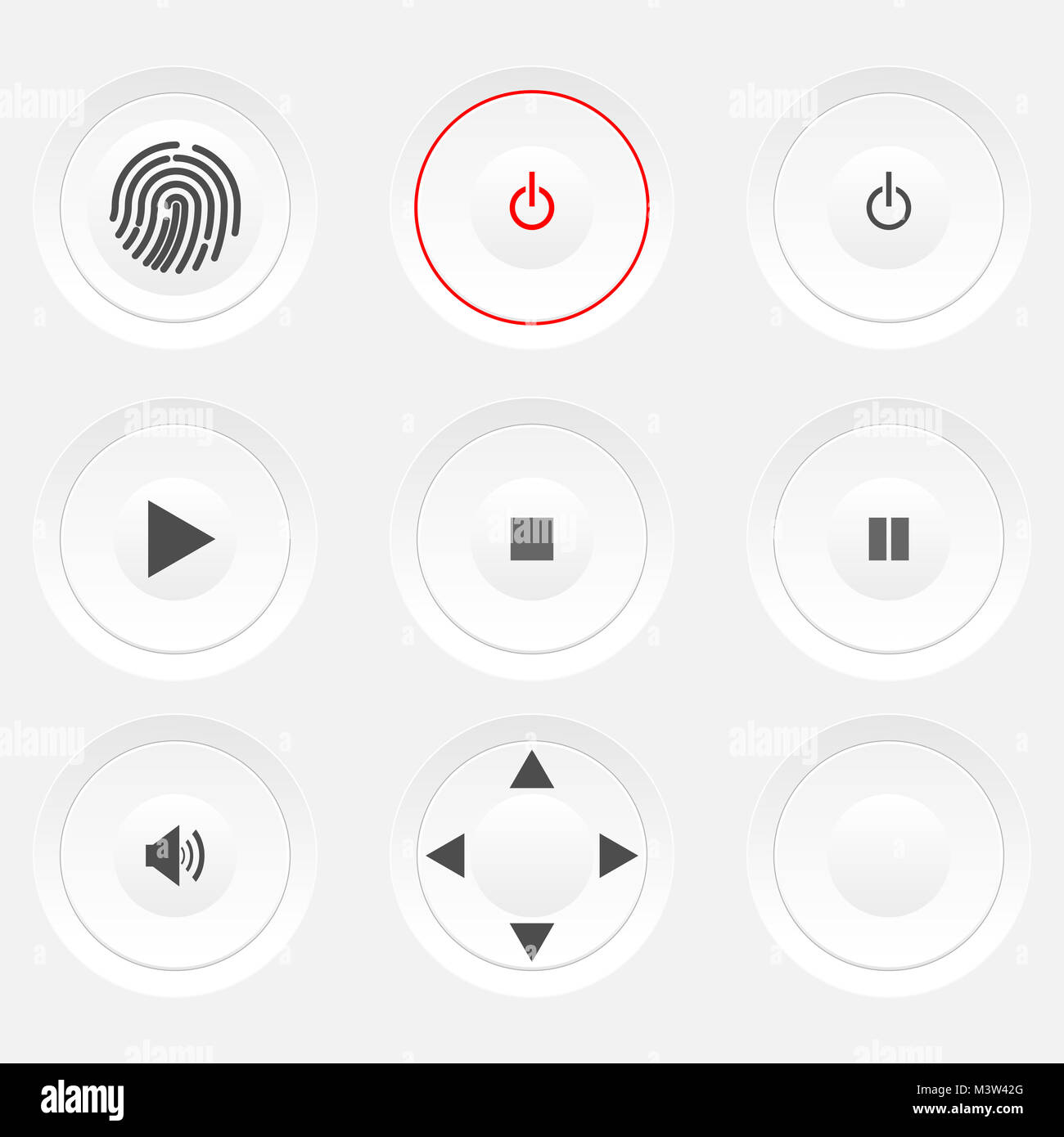 White round knobs with symbols; fingerprint, standby (red/black for on ...