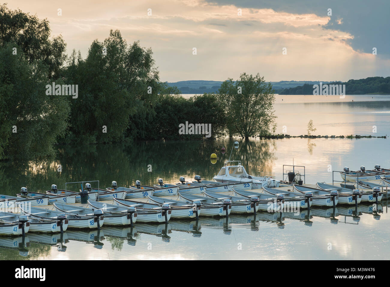 Boat Rowing Rutland A row of fishing boats moored at Rutland Water, A man-made lake ...