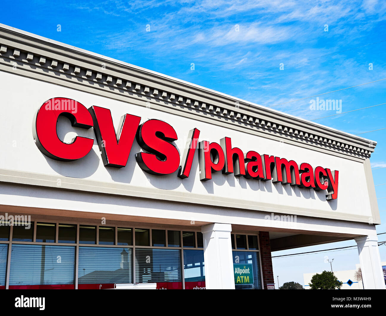 CVS Pharmacy, or drug store chemist, sign or signage on the front exterior of the building in Montgomery Alabama, USA. Stock Photo