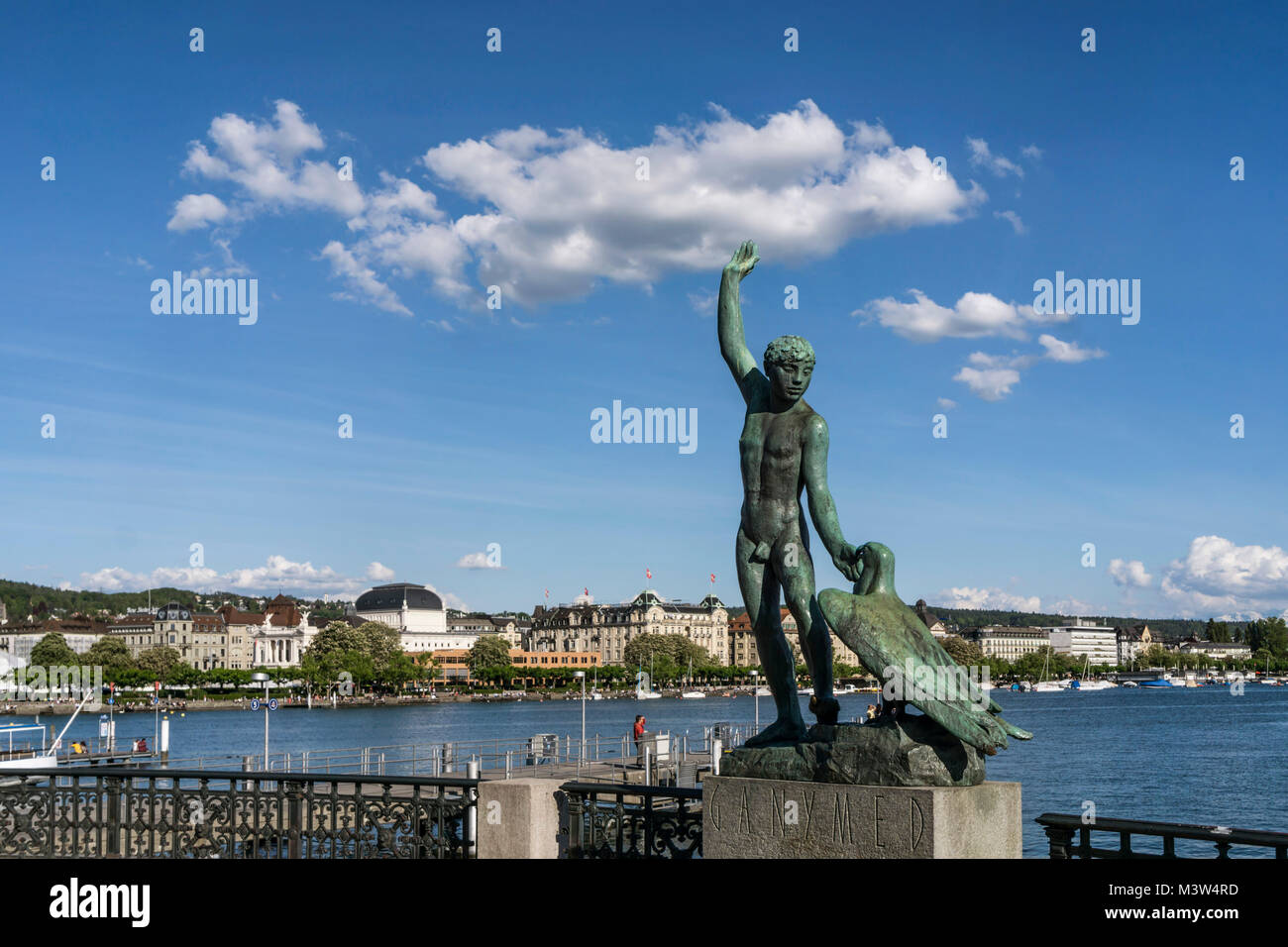 Switzerland Zurich Ganymed statue at riverbank Zurich lake | Schweiz Zuerich See Ganymed Statue Stock Photo