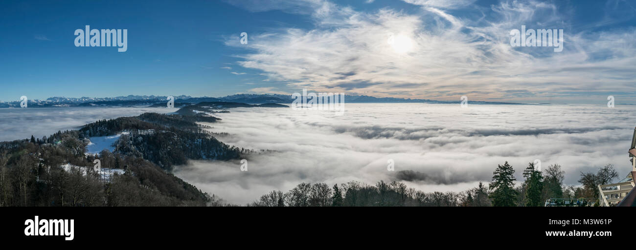 Panoramic view from Uetliberg, Uto Kulm, fog, swiss alps, Kanton Zurich Stock Photo