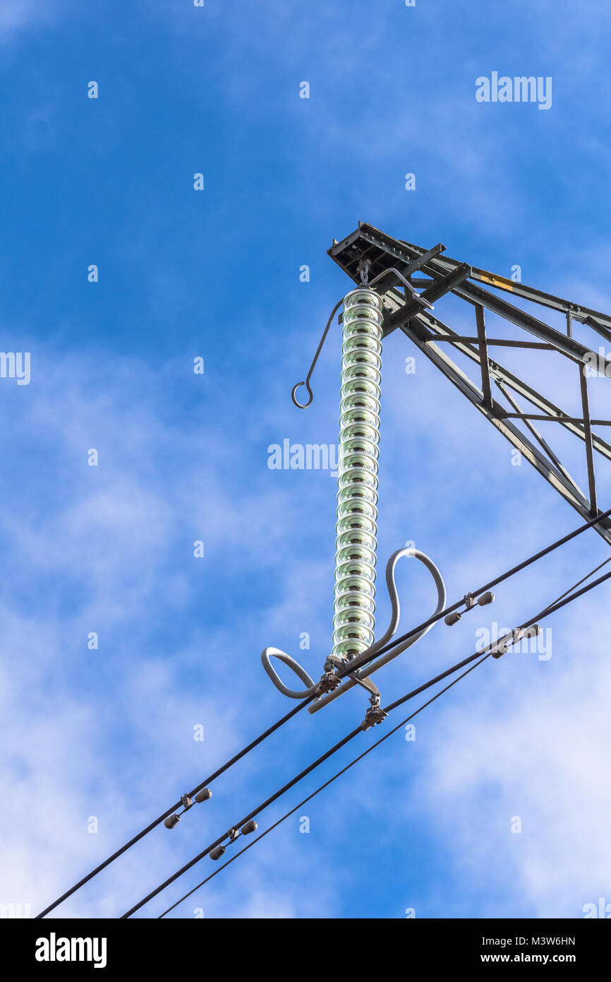 275 K.V. overhead transmission line with glass insulators. Stock Photo