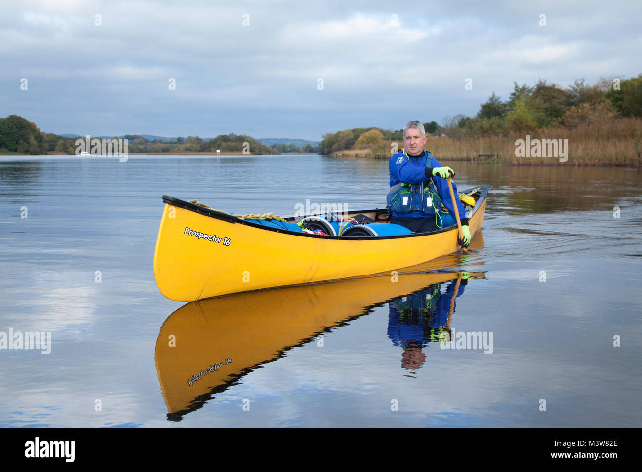 Canoeing near Bellanaleck, Upper Lough Erne, County Fermanagh, Northern Ireland. Stock Photo