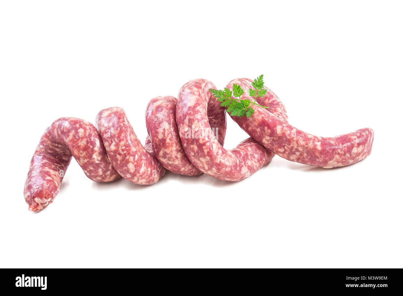 Toulouse sausage Raw 'saucisse de toulouse' twisted f,rench meat specialty from Toulouse on white Stock Photo