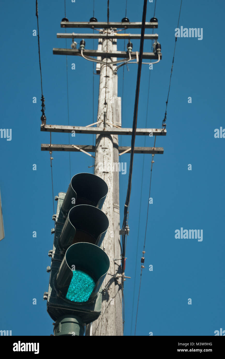 A traffic light on green in front of a wooden electricity pylon Stock Photo
