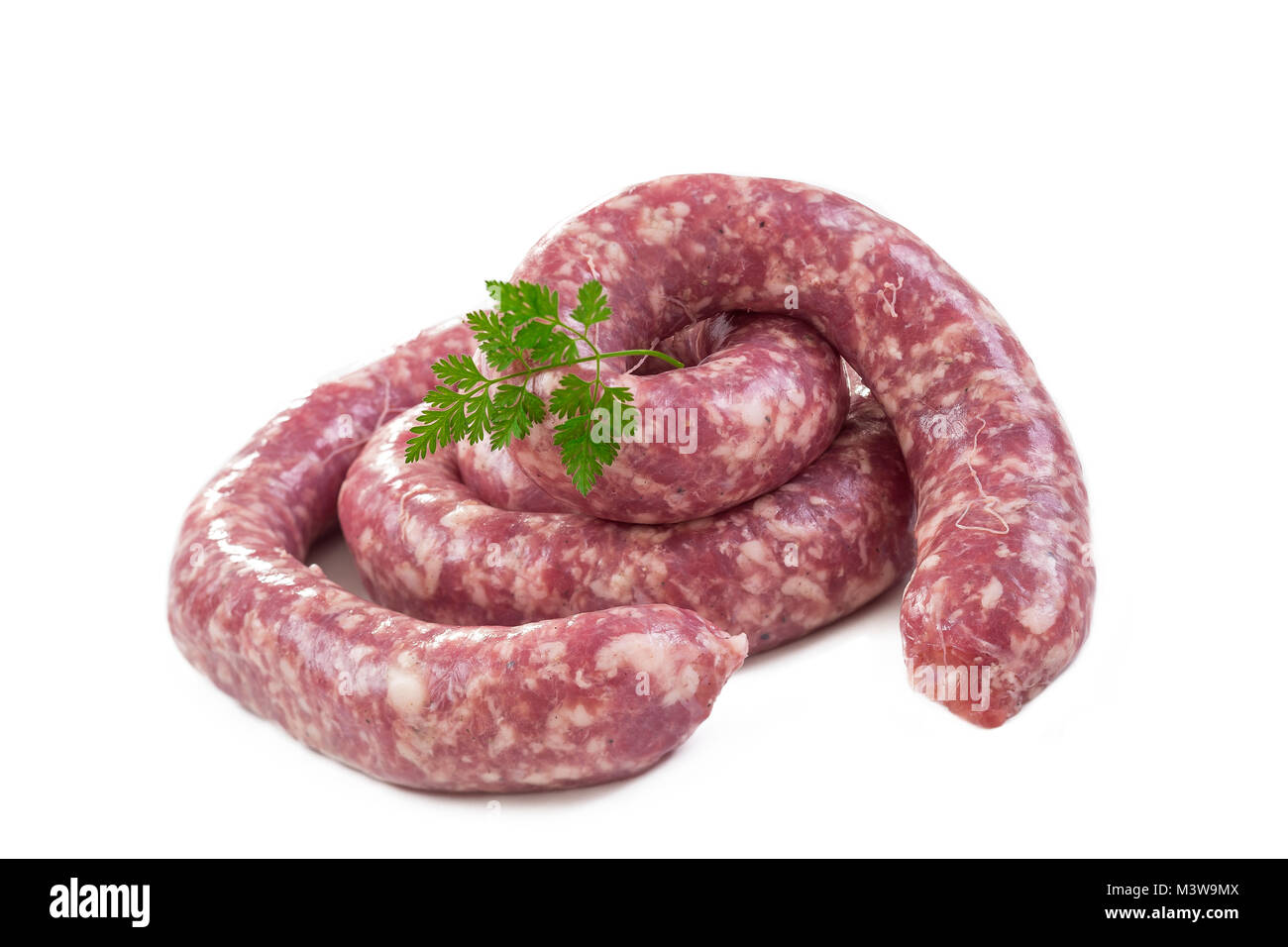 Toulouse sausage Raw 'saucisse de toulouse' - french meat specialty from Toulouse on white Stock Photo