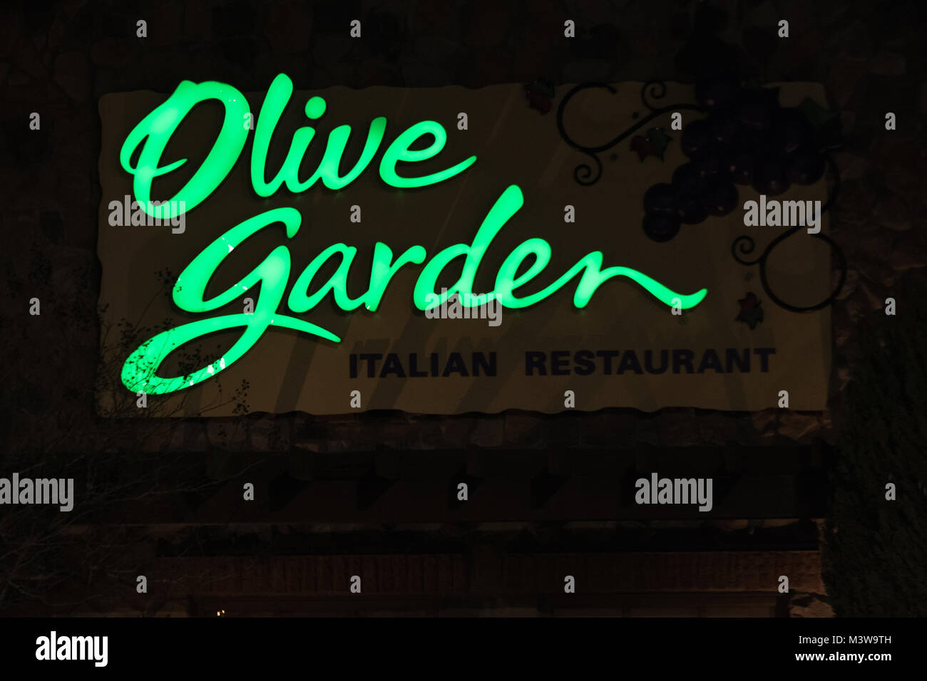 WILSON, NC - JANUARY 25, 2018: An Olive Garden restaurant sign is illuminated at night. Olive Garden is an American casual dining restaurant chain spe Stock Photo