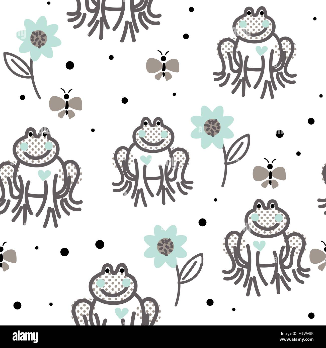 Funny frogs grey and blue seamless vector pattern. Stock Vector