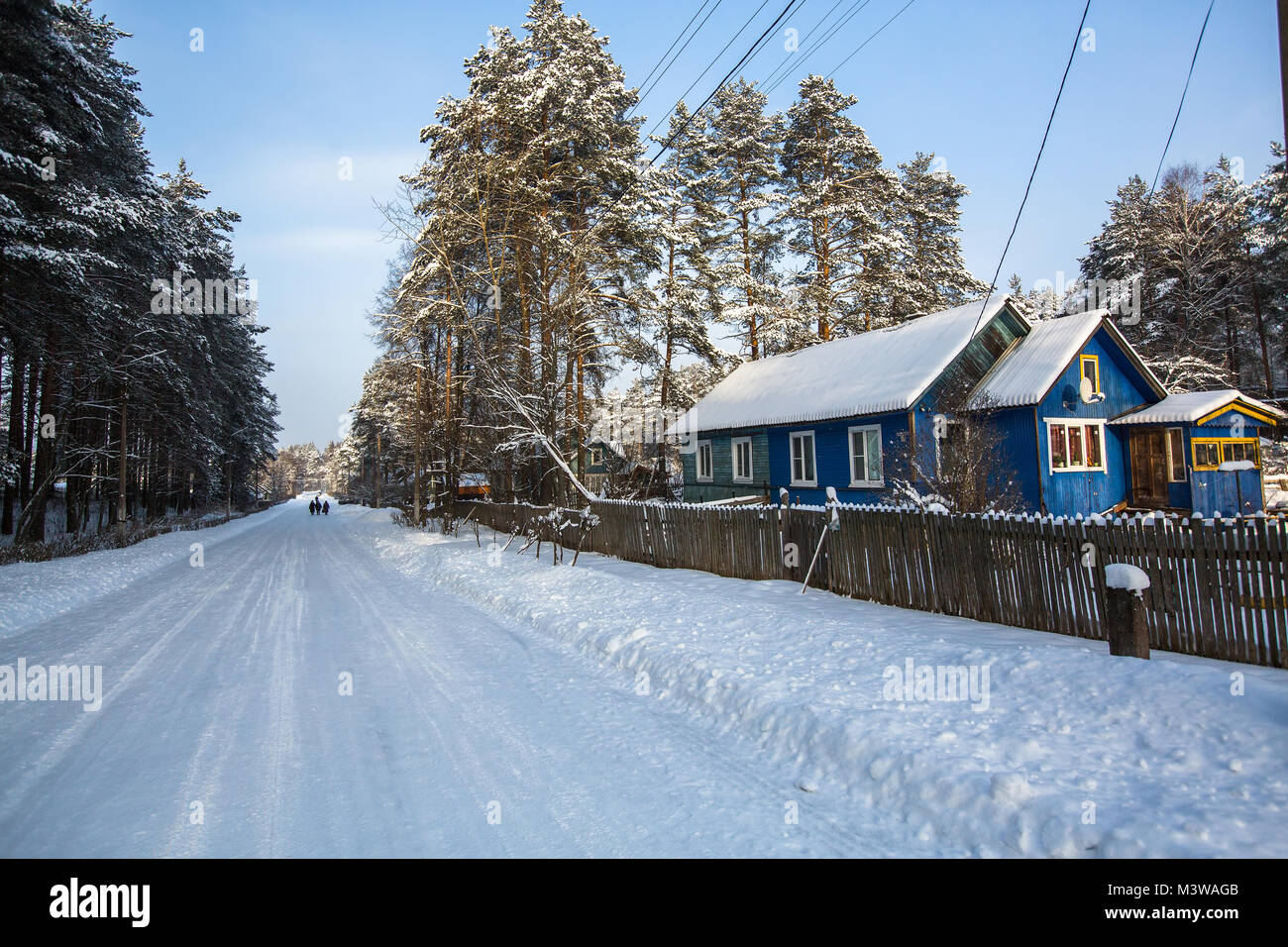 Snowy village outdoors in the Karelia at winter, Russia. Stock Photo