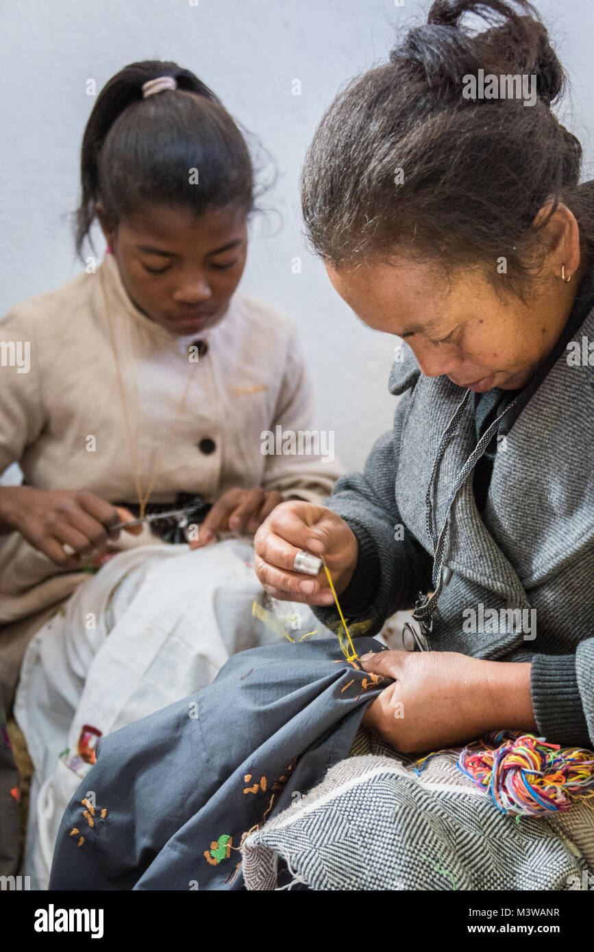Embroidery Workshop in Antsirabe, Madagascar Stock Photo