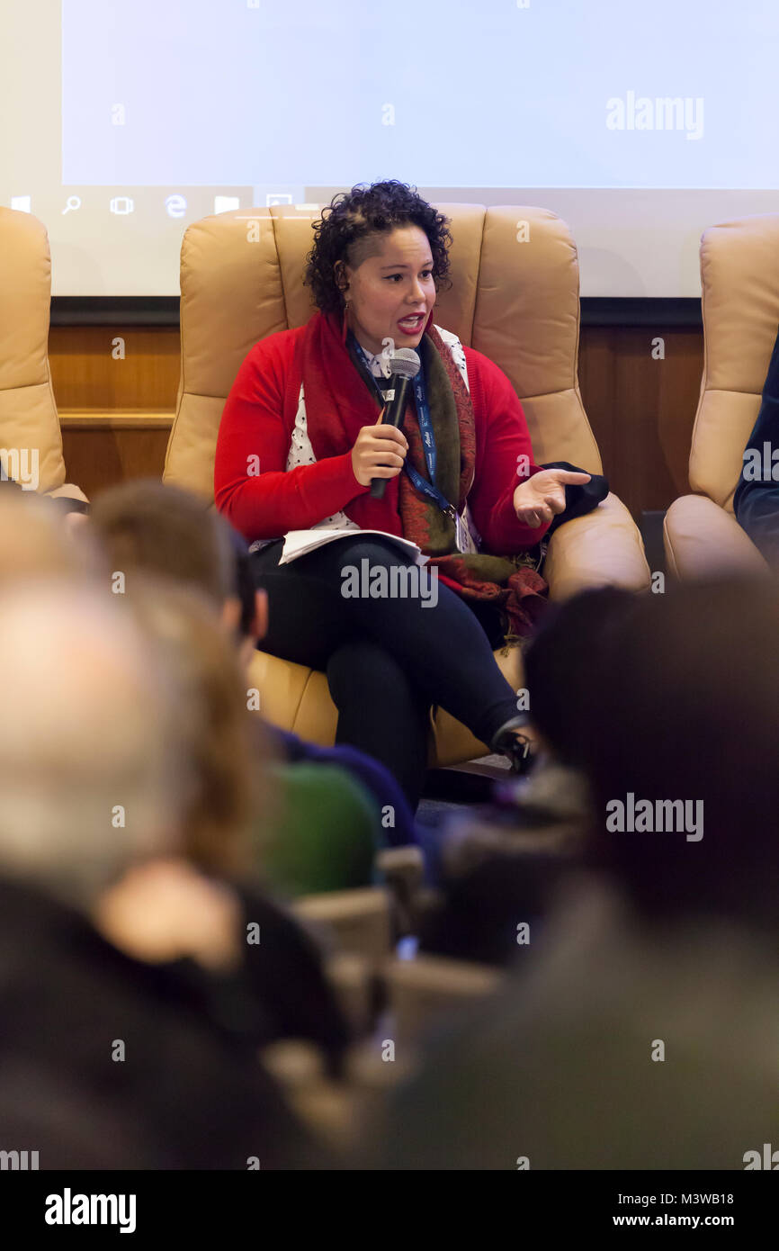 Seattle, Washington: Nikkita Oliver speaks during the Tech and the City panel at the Crosscut Festival at Seattle University. Monica Nickelsburg, Geek Stock Photo