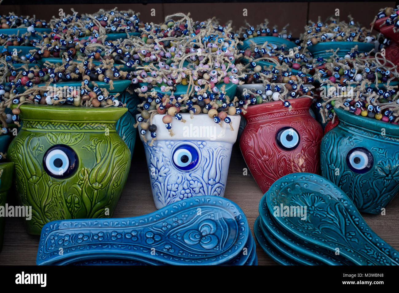 Close up view of decorative, ornamental objects made with evil eyes. Stock Photo