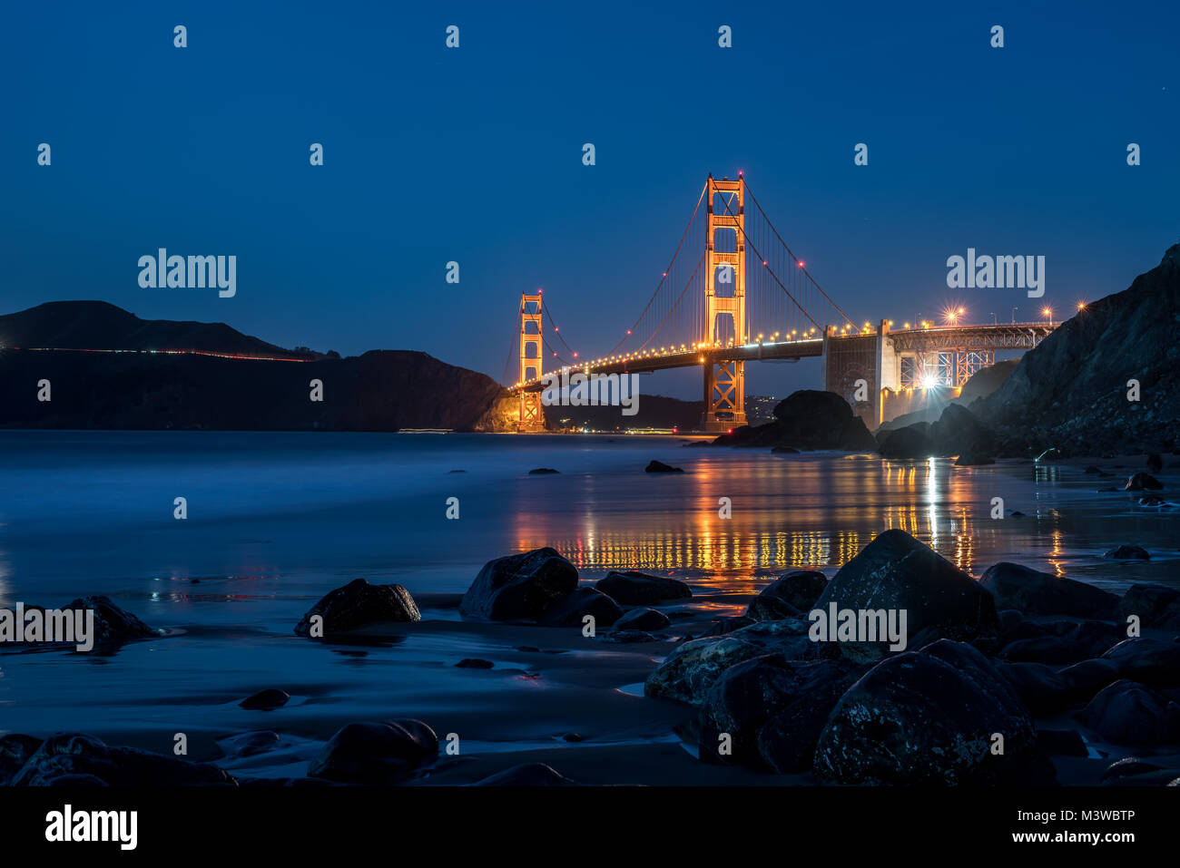 Night cityscape of Golden Gate Bridge Stock Photo