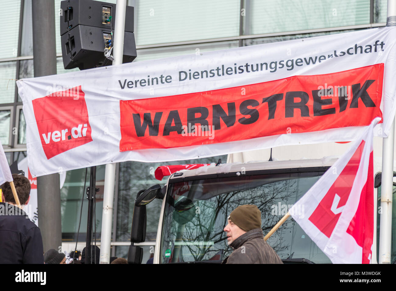 Verdi - Work stoppage and warnstrike, with over regional employees, for more salary at the EnBW facility in Karlsruhe, Germany on 5. feb 2018 Stock Photo