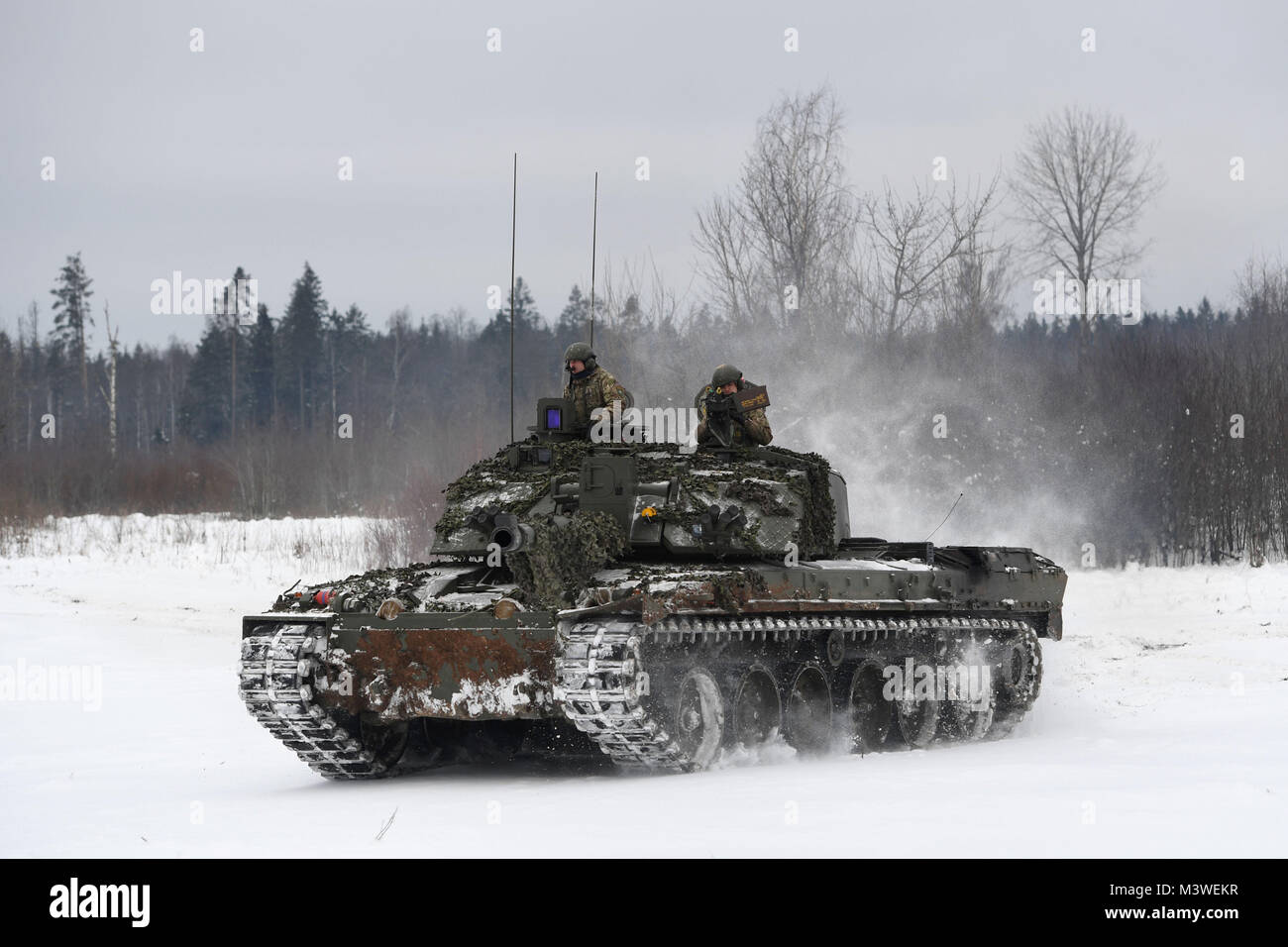 A Challenger 2 tank at a training area near Tapa in Estonia, as 1st Battalion The Royal Welsh take part in 'Exercise Winter Camp', where British troops are 'standing ready' to defend against a potentially aggressive Russia alongside Nato allies. Stock Photo