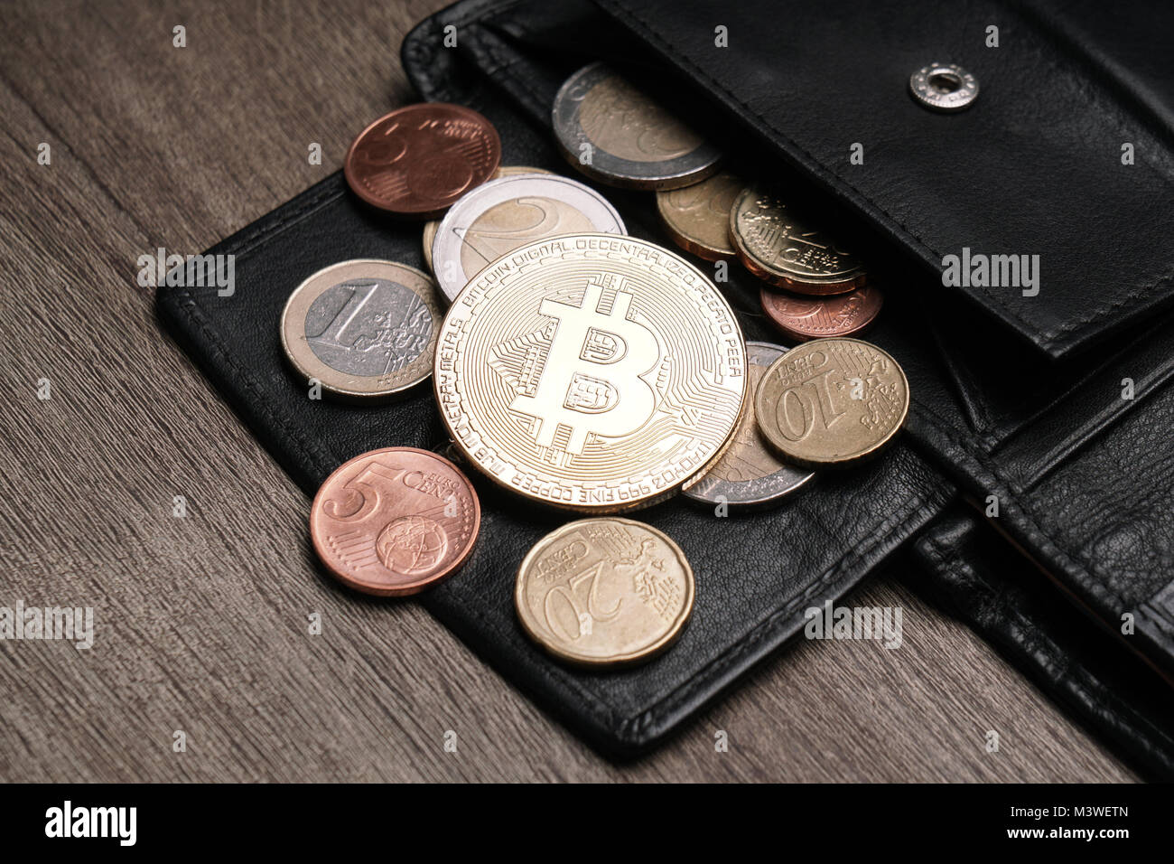 wallet with bitcoin euro and cent coins Stock Photo