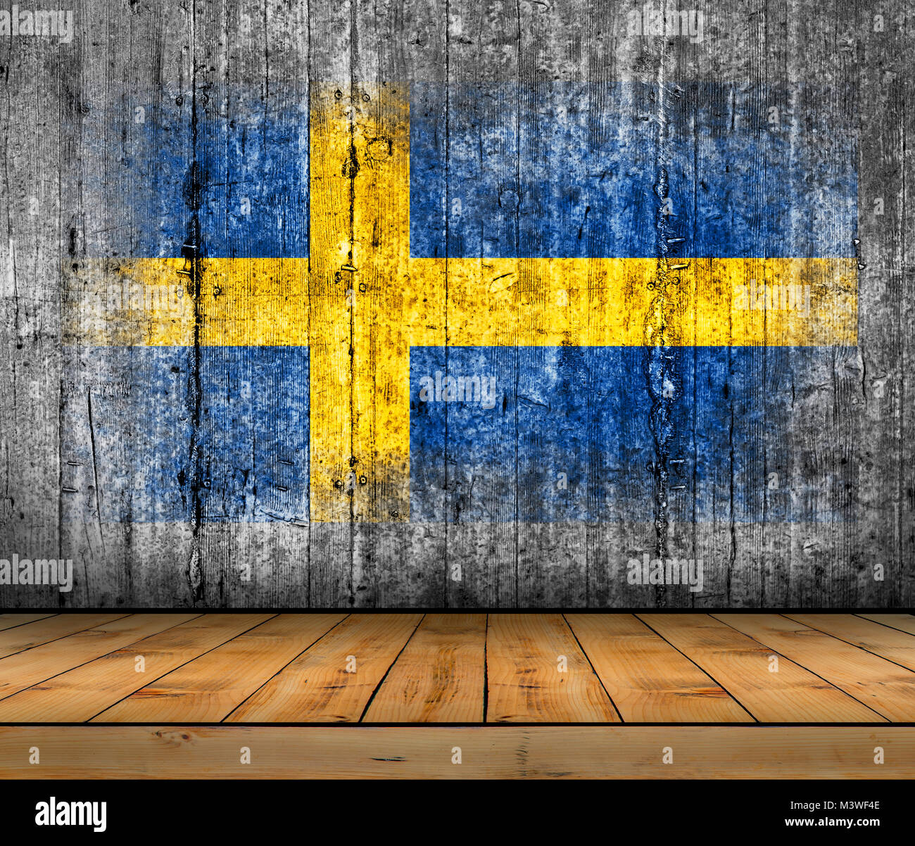 Sweden flag painted on concrete with wooden floor Stock Photo