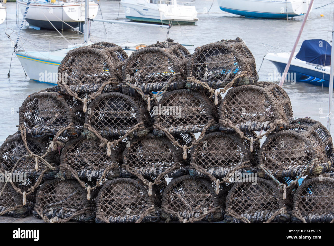 Stack of empty Lobster pots at Newquay quay side  Ceredigion Wales Stock Photo