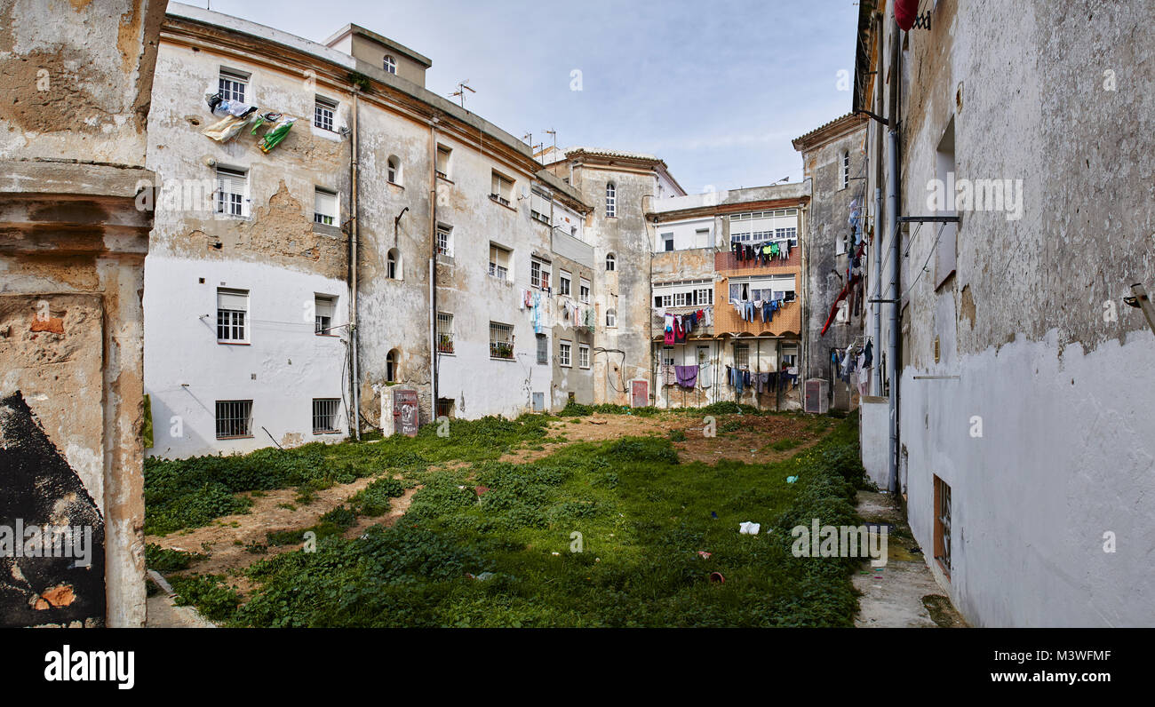 Apartment building with weathered facade in Tarifa, Costa de la Luz