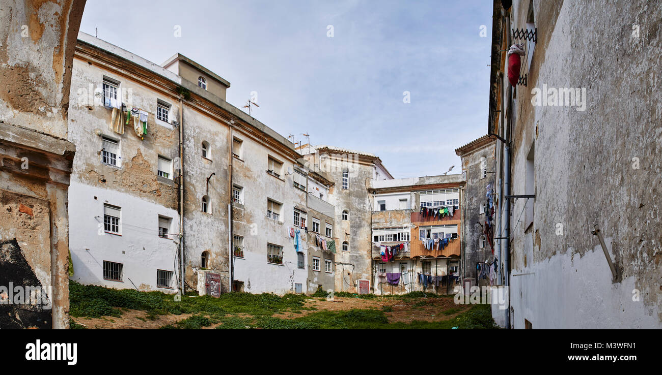 Apartment building with weathered facade in Tarifa, Costa de la Luz