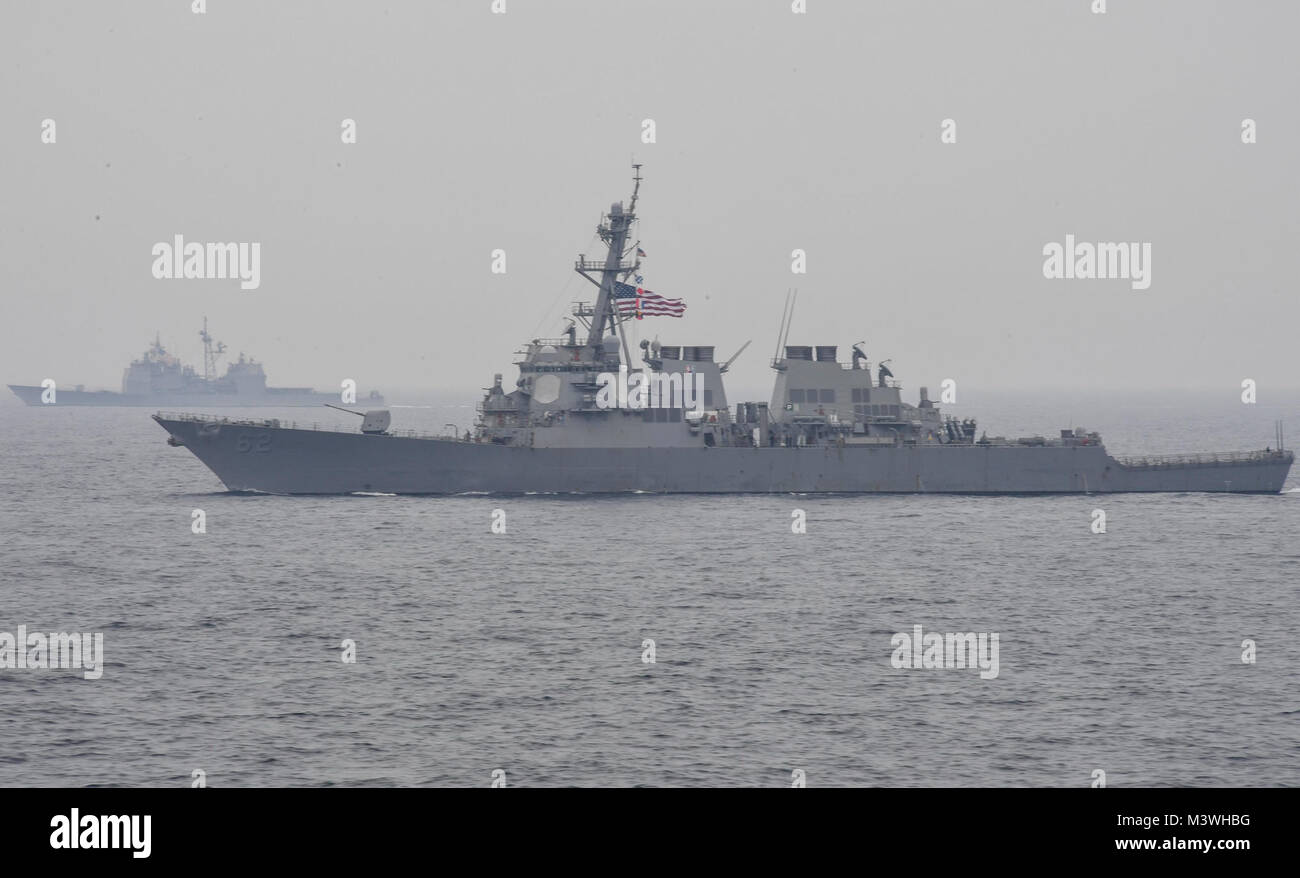 170601-N-RM689-079 SEA OF JAPAN (June 1, 2017) The guided-missile destroyer USS Fitzgerald (DDG 62) is underway with the Carl Vinson Carrier Strike Group, including the aircraft carrier USS Carl Vinson (CVN 70), Carrier Air Wing (CVW) 2, the guided-missile cruiser USS Lake Champlain (CG 57) and the guided-missile destroyers USS Wayne E. Meyer (DDG 108) and USS Michael Murphy (DDG 112). Fitzgerald is part of the Ronald Reagan Carrier Strike Group, which includes USS Ronald Reagan (CVN 76), CVW-5, USS Shiloh (CG 67), USS Barry (DDG 52), USS McCampbell (DDG 85), USS Mustin (DDG 89) and the Japan  Stock Photo
