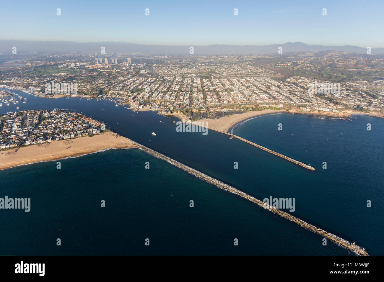 Aerial view of entrance to Newport Beach Harbor in Orange County, California. Stock Photo