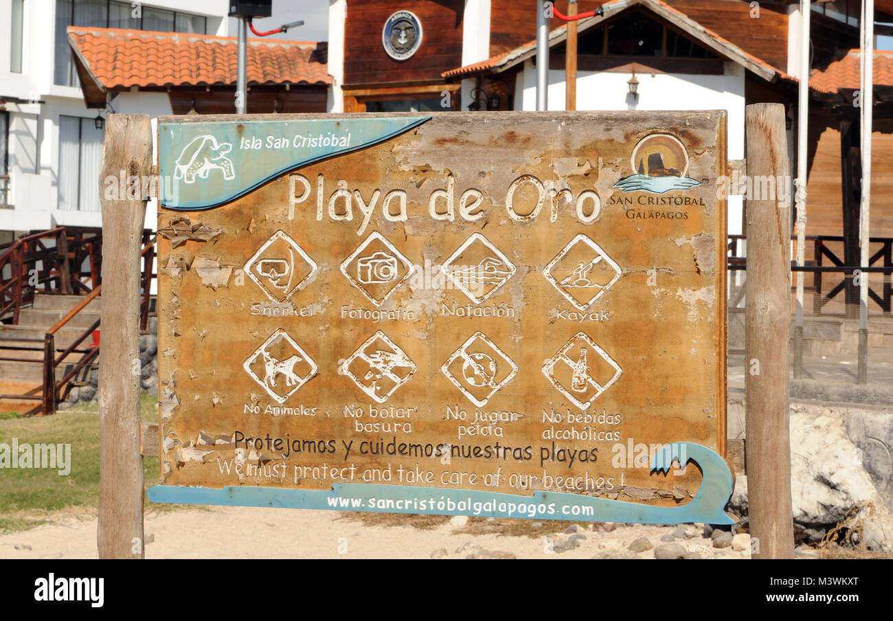 Sign for Playa de Oro.   Puerto Baquerizo Moreno, San Cristobal, Galapagos, Ecuador Stock Photo