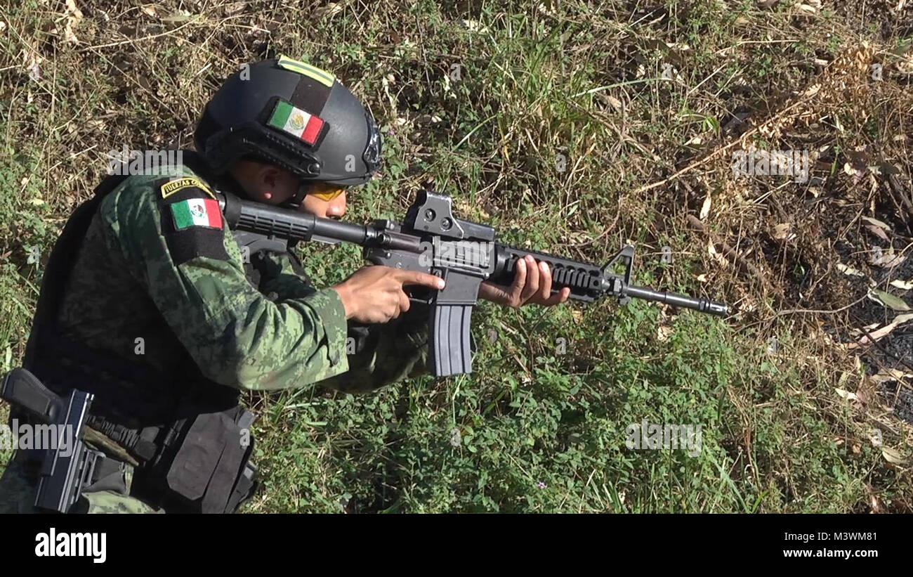 A Mexican competitor aims his weapon to prepare for a combined assault event July 22, 2017, during Fuerzas Comando in Cerrito, Paraguay. There are 20 teams competing in Fuerzas Comando that share a longstanding history of cooperation. (U.S. Army photo illustration by Pfc. Lauren Sam/Released) (This image was created by capturing a still frame from a video.) 170723-Z-MR208-004 by ussouthcom Stock Photo