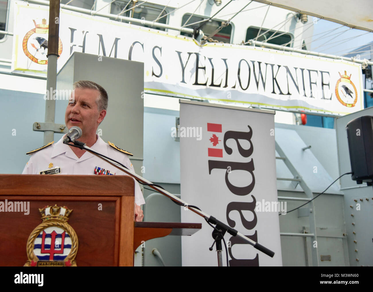 170805-N-MT581-021 SEATTLE (Aug. 05, 2017)  Royal Canadian Navy Rear Adm. Art McDonald, commander, Maritime Forces Pacific and Joint Task Force Pacific, speaks during a Canadian reception co-hosted aboard Royal Canadian Navy ships HMCS Yellowknife (MM 706) and HMCS Edmonton (MM 703) by the Royal Canadian Navy during Seattle Seafair Fleet Week. Seafair Fleet Week is an annual celebration of the sea services wherein Sailors, Marines and Coast Guard members from visiting U.S. Navy and Coast Guard ships and ships from Canada make the city a port of call. (U.S. Navy photo by Mass Communication Spec Stock Photo