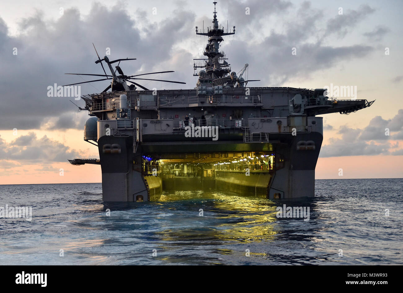 170915-N-PC620-0009 ATLANTIC OCEAN (Sept. 15, 2017) The amphibious assault ship USS Iwo Jima (LHD 7) as seen from Landing Craft Unit 1643, attached to Assault Craft Unit (ACU) 2, during humanitarian assistance efforts following Hurricane Irma’s landfall in Key West, Florida. The Department of Defense is supporting Federal Emergency Management Agency, the lead agency, in helping those affixed by Hurricane Irma to minimize suffering and as one component of the overall whole-of-government response efforts.  (U.S. Navy photo by Mass Communication Specialist Seaman Michael Lehman/Released) 170915-N Stock Photo