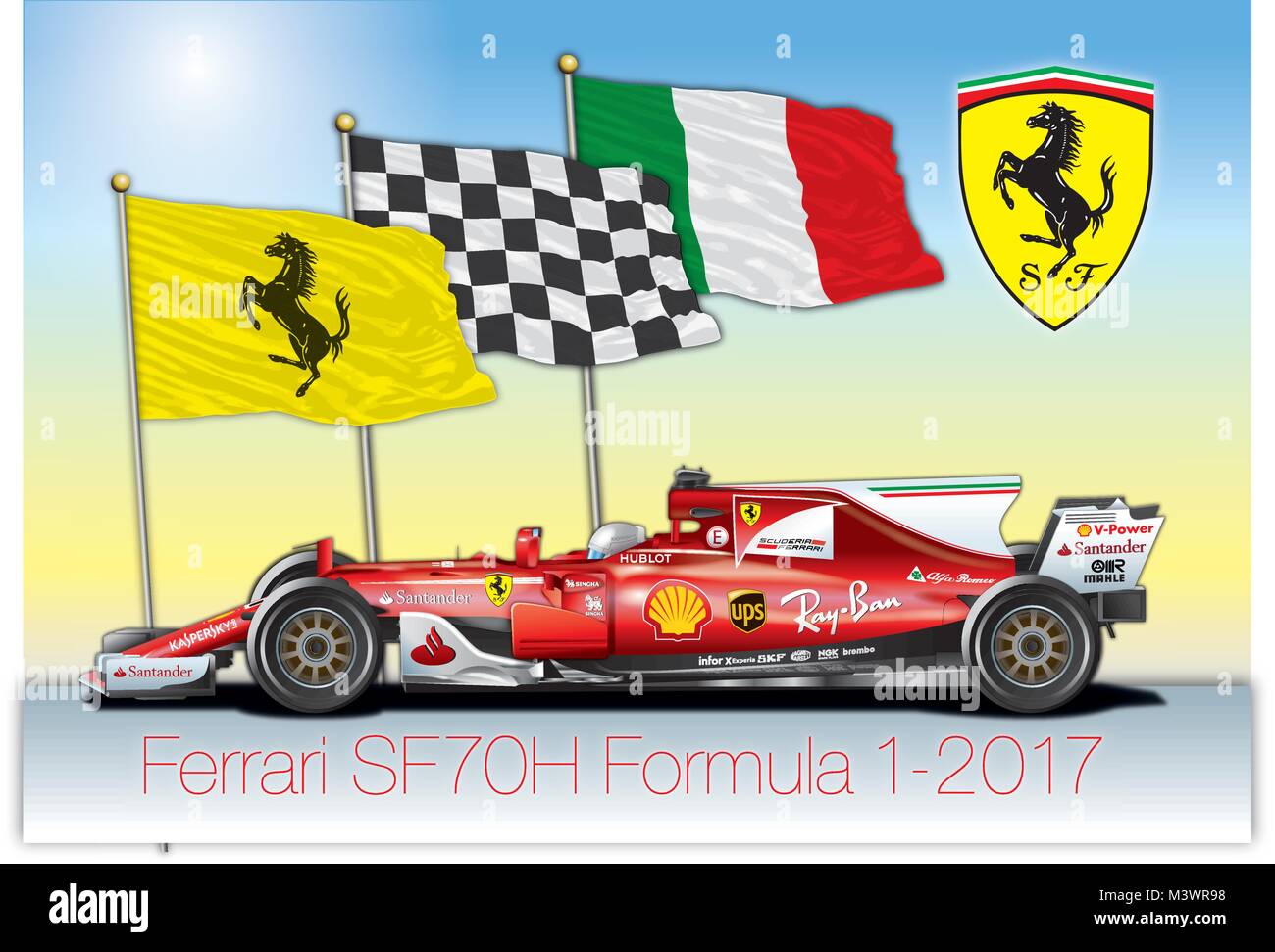 MARANELLO, MODENA, ITALY, YEAR 2017 - Ferrari Formula 1 SF70H, World Formula One World Championship 2017 Stock Vector